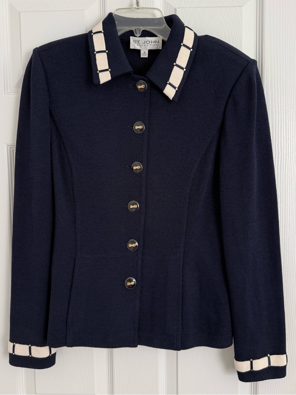 St. John Collection Navy Knit Jacket with Cream Trim and Gold Buttons NWT